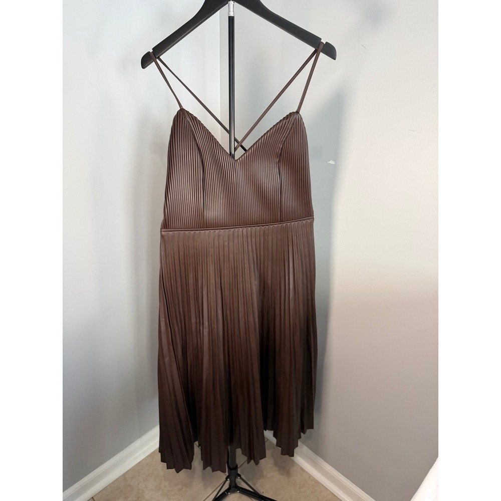 Banana Republic Pleated Vegan Leather Dress Womens 10 Brown Midi Faux Party Boho